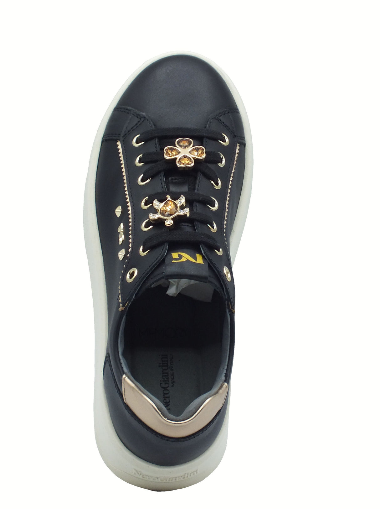 Nero Giardini NeroGiardini I514170D Guanto Nero Sneakers per Donna in pelle zeppa bassa applicazioni ambra Nero