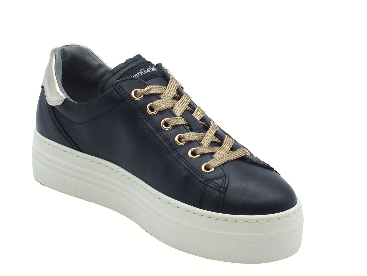 Nero Giardini NeroGiardini I514185D Guanto Nero Sneakers per Donna in pelle zeppa bassa elementi oro Nero
