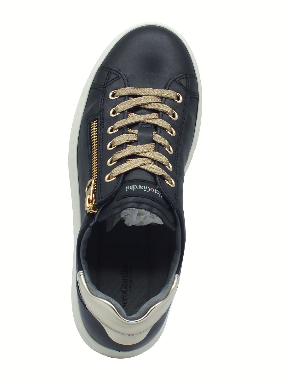 Nero Giardini NeroGiardini I514185D Guanto Nero Sneakers per Donna in pelle zeppa bassa elementi oro Nero