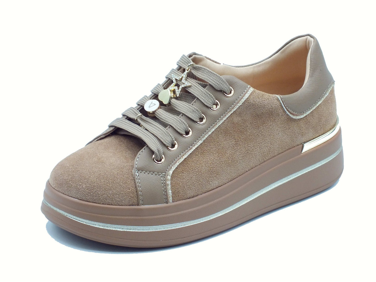 Valleverde Valleverde 35480 Suede Taupe Sneakers confort per Donna in nabuk con lacci e zeppa Taupe