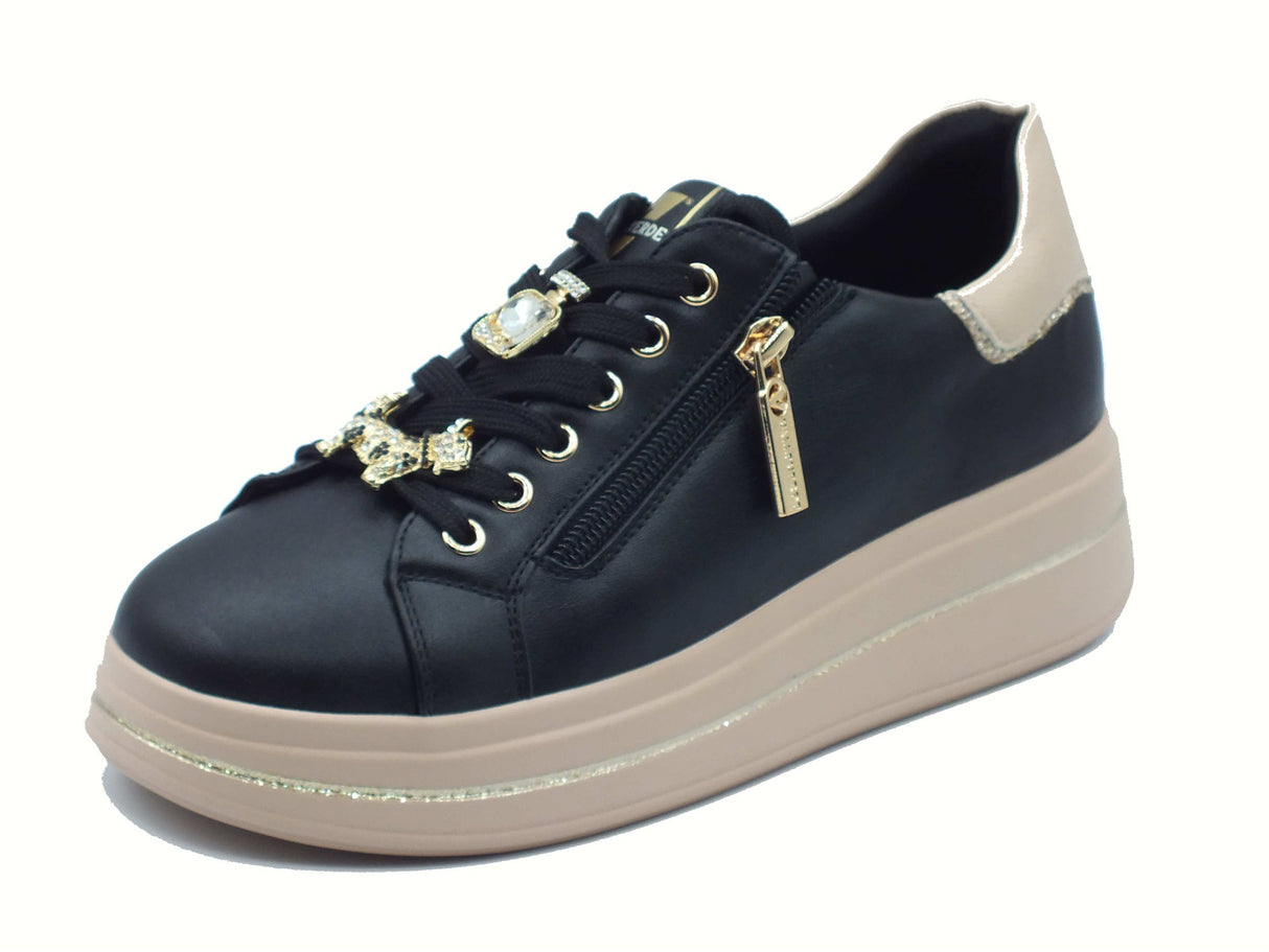 Valleverde Valleverde 35492 Nero Sneakers confort per Donna in pelle con lacci e lampo ed applicazioni Nero