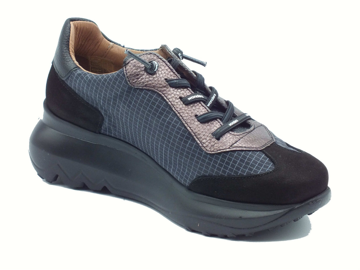 Wonders Wonders A-4001 UltraFly Nubuk Negro Sneakers per Donna in tessuto e nabuk nero zeppa alta bombata Negro