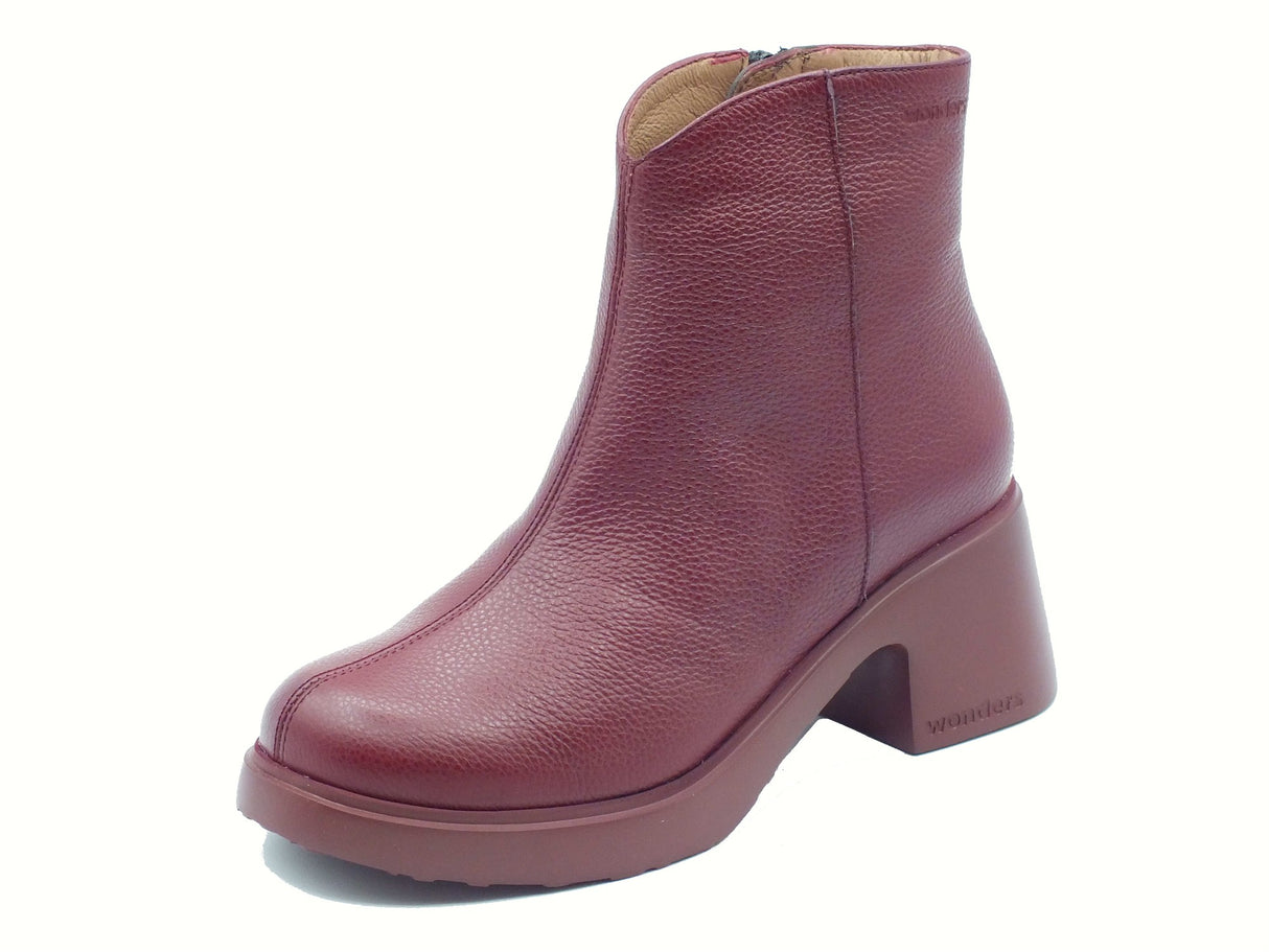 Wonders Wonders E-7125 Flytres Wild Vino Tronchetti per Donna in pelle martellata con lampo e tacco Vino