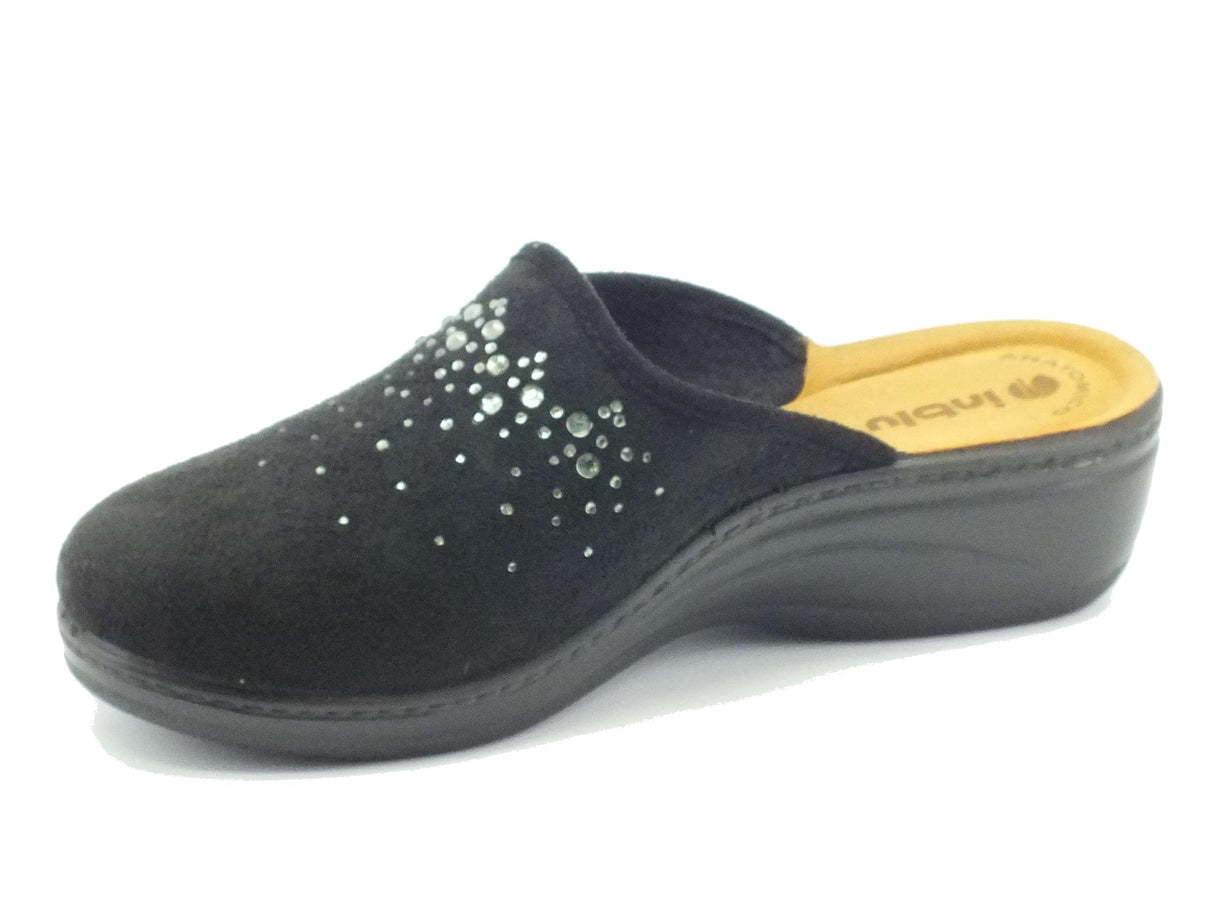 InBlu Pantofole per donna InBlu in tessuto nero con brillantini zeppa media Nero