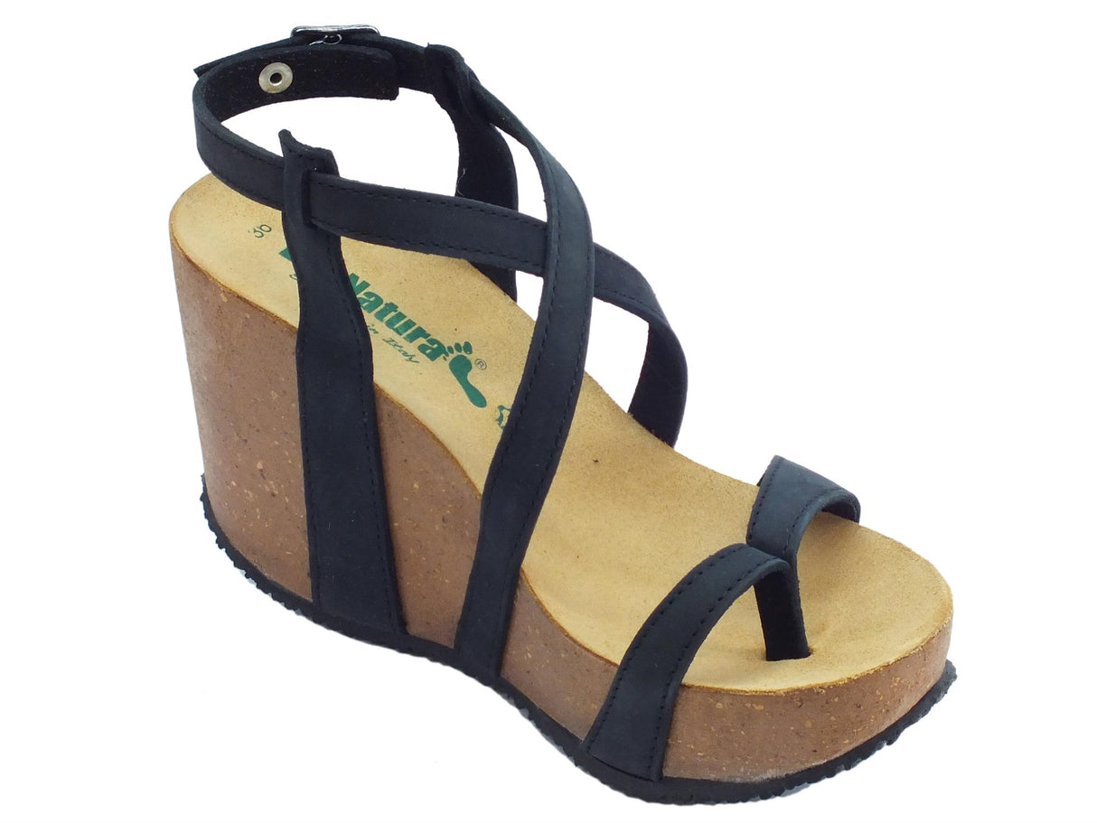 BioNatura Infradito BioNatura per donna in nabuk nero con zeppa alta Nero