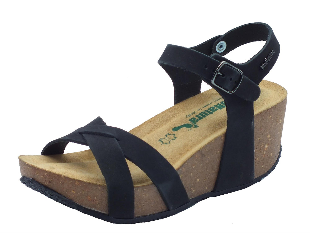 BioNatura BioNatura 24 Fregene IMB Nabuk Nero Sandali per Donna zeppa alta Nero