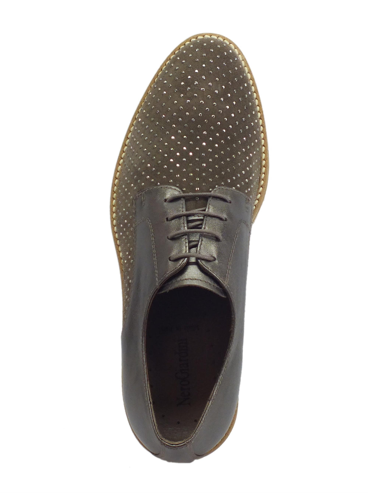 Nero Giardini Scarpe NeroGiardini per donna in camoscio torba e pelle verdegris con bulloncini Verdegris