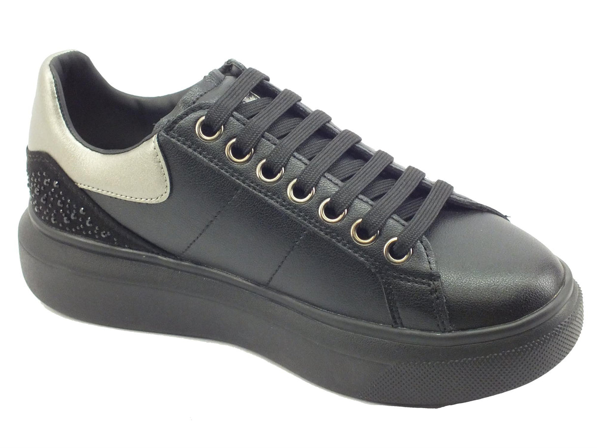 Lumberjack Lumberjack Juliette SWB6112 Black Sneakers per Donna in pelle con zeppa bombata con strass Black