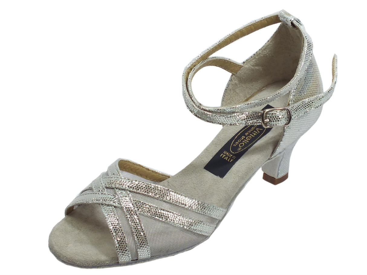 Vitiello dance shoes Scarpa da donna per ballo latino-americano nappa satinato argento e rete colore argento tacco 50R argento