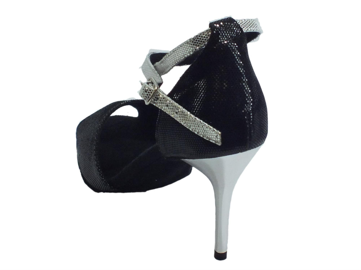 Vitiello dance shoes Scarpa da donna per ballo tango in tomaia satinato nero e cinturino satinato argento Nero
