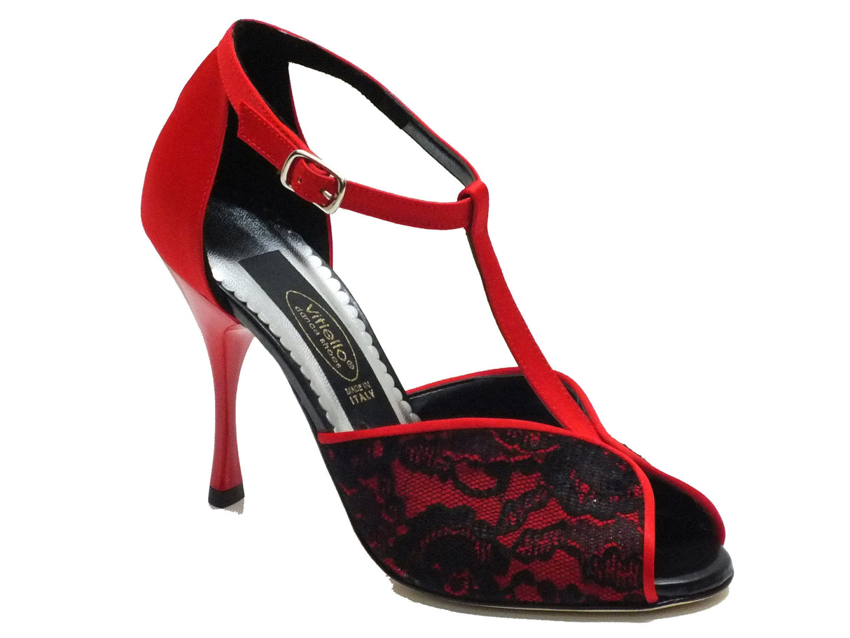 Vitiello dance shoes Scarpa da donna per ballo tango in macramè nero e raso rosso Rosso/Nero