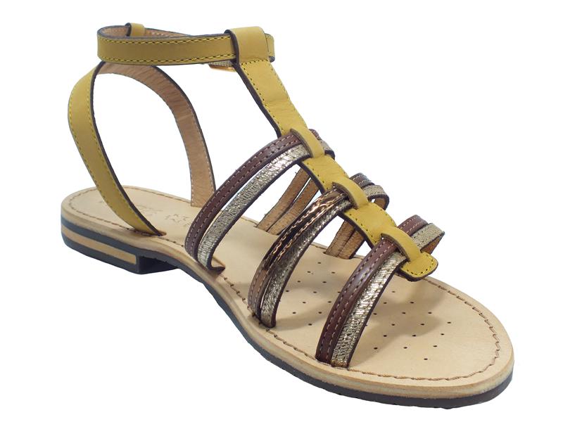 Geox Geox D022CE SOZY Buffalo Ochre Dk Skin Sandali per Donna pelle ocra marrone argento tacco basso ocra, marrone e argento