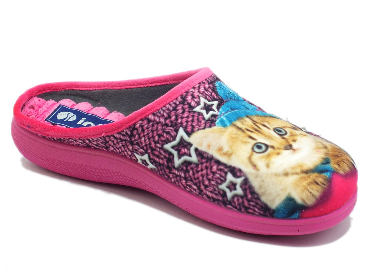 InBlu InBlu EC000056 Fuxia Pantofole per Donna in tessuto fantasia gattino Fuxia