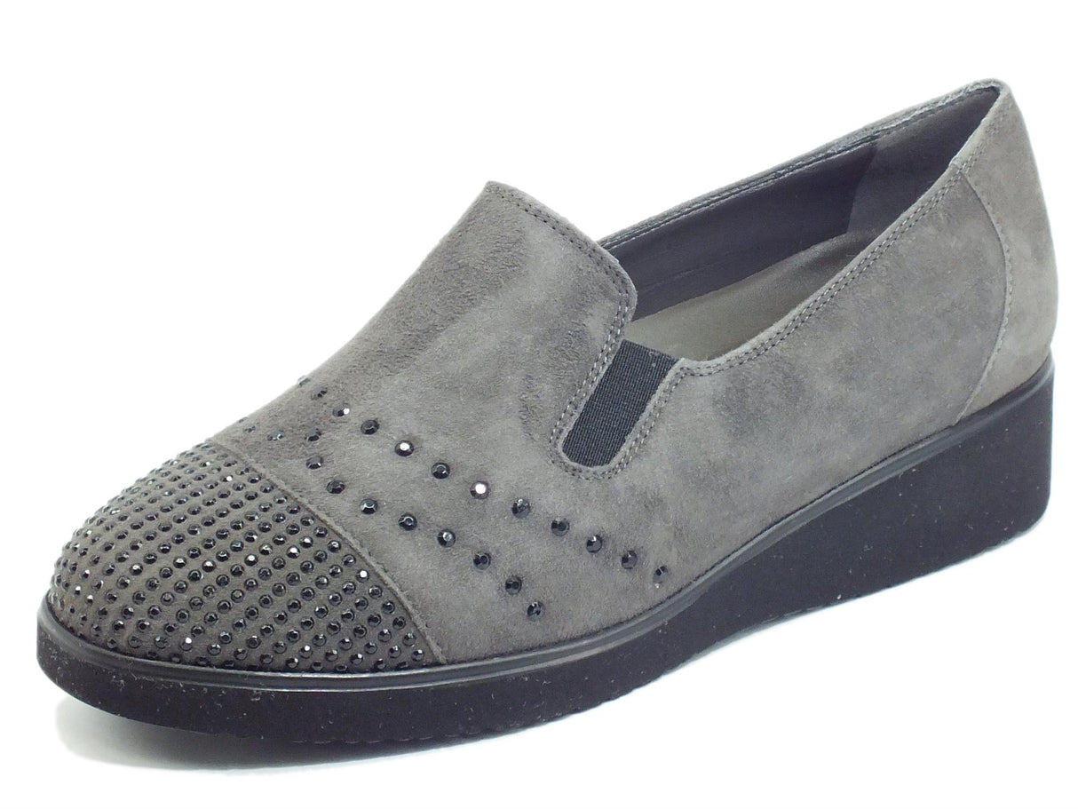 Melluso Melluso R35119 Angela Smog Mocassini per donna in camoscio con bulloncini neri zeppa bassa Smog