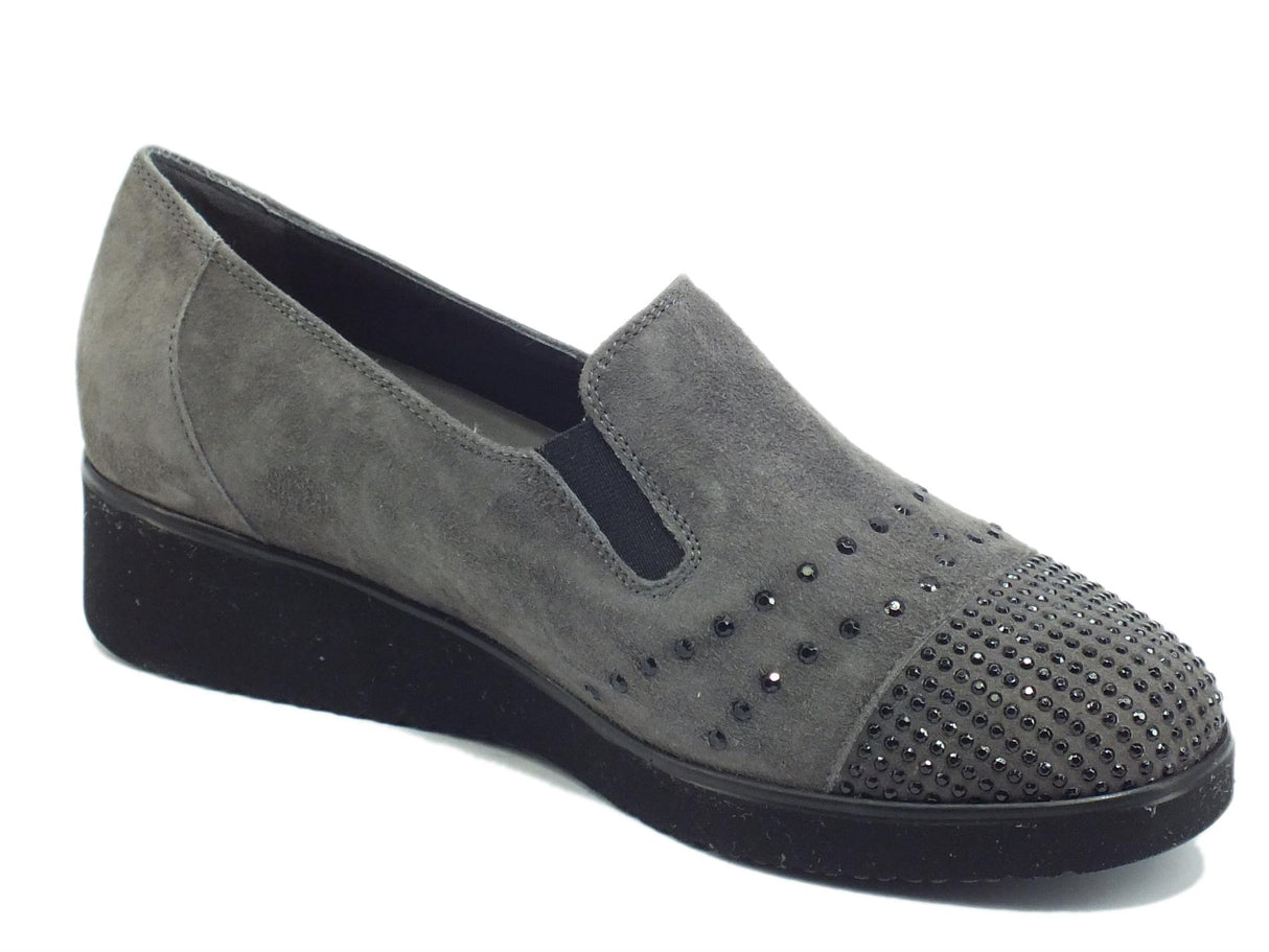 Melluso Melluso R35119 Angela Smog Mocassini per donna in camoscio con bulloncini neri zeppa bassa Smog