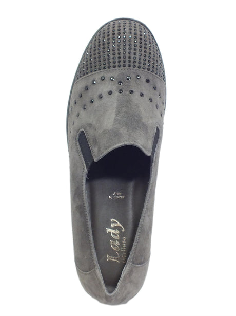 Melluso Melluso R35119 Angela Smog Mocassini per donna in camoscio con bulloncini neri zeppa bassa Smog