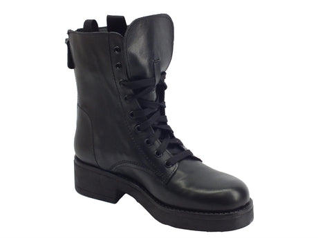 Stelio Malori STM Anfibi per Donna in vera pelle nera con lacci e lampo posteriore fondo alto Nero