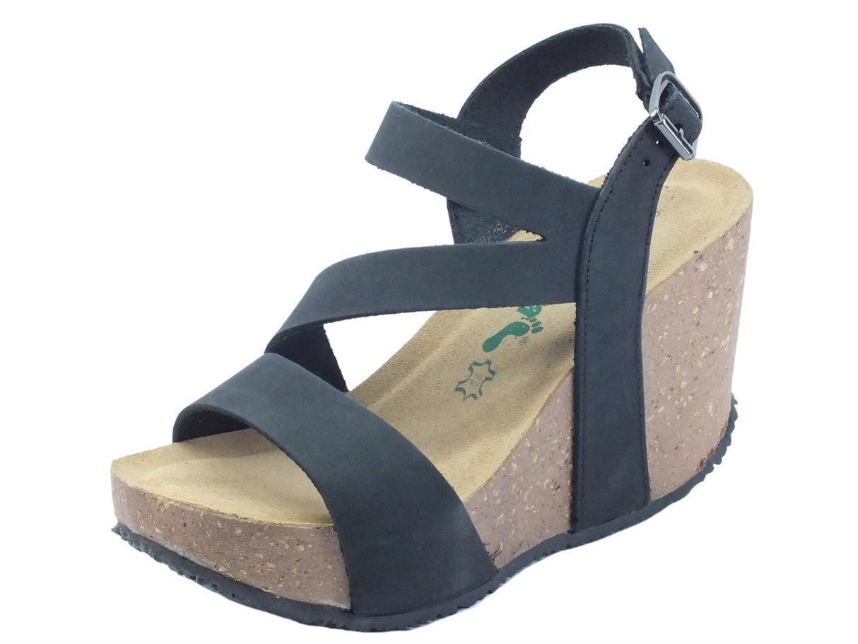 BioNatura BioNatura 29A2008 Habner IMB Nabuk Nero Sandali con zeppa alta per donna effetto sughero nero