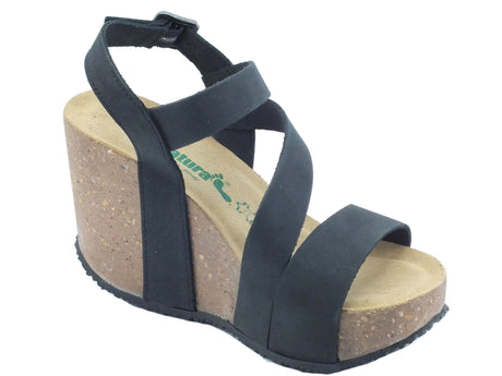 BioNatura BioNatura 29A2008 Habner IMB Nabuk Nero Sandali con zeppa alta per donna effetto sughero nero