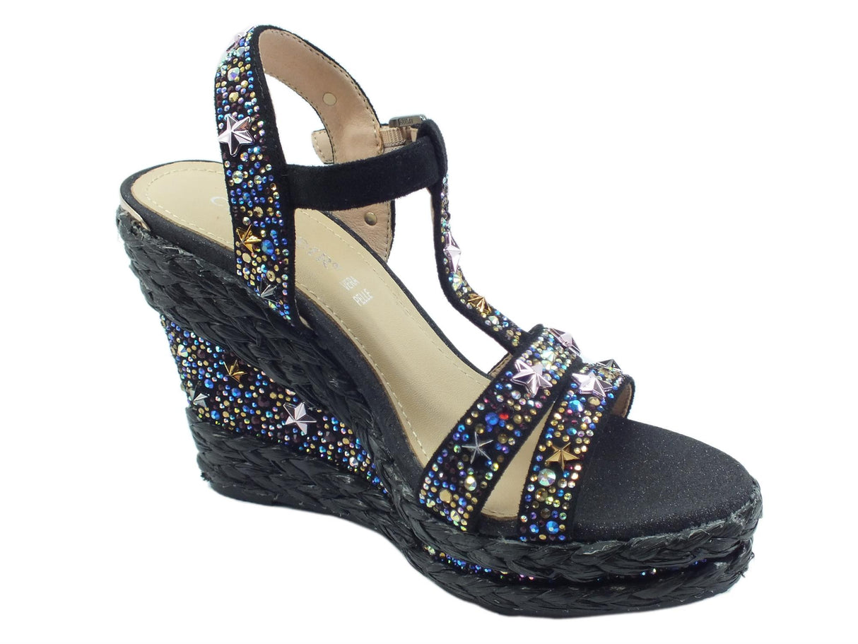 CafèNoir CAFèNOIR HE9210 Nero Sandali per Donna in pelle con bulloncini colorati e zeppa alta in corda nero