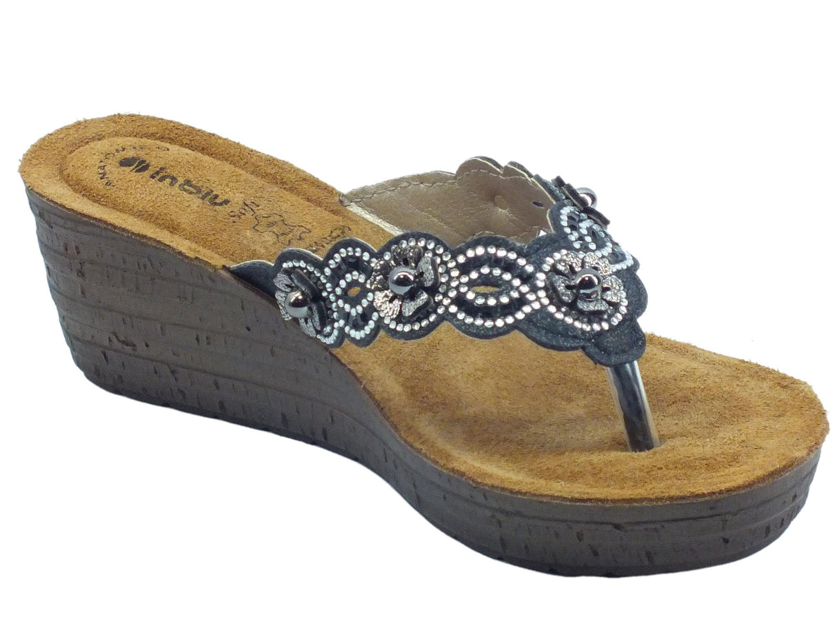 InBlu InBlu GM000037 Black Infradito per Donna con zeppa e sottopiede in nabuk anatomico Black
