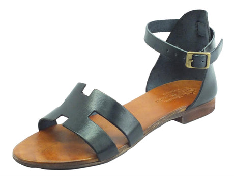 Nuova Cuoieria Nuova Cuoieria B53-49 Nero Sandali artigianali con fibietta per donna in pelle tacco basso Nero