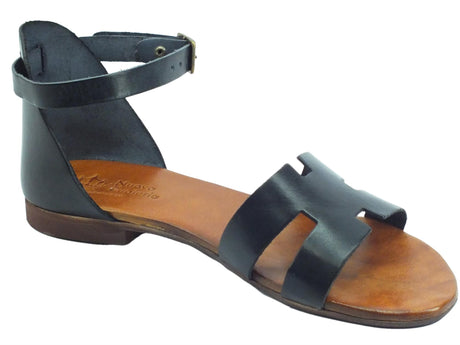 Nuova Cuoieria Nuova Cuoieria B53-49 Nero Sandali artigianali con fibietta per donna in pelle tacco basso Nero