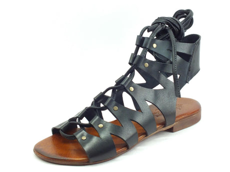 Nuova Cuoieria Nuova Cuoieria E168-49 Nero Sandali artigianali donna allaccio alla schiava in pelle tacco basso Nero