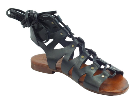 Nuova Cuoieria Nuova Cuoieria E168-49 Nero Sandali artigianali donna allaccio alla schiava in pelle tacco basso Nero