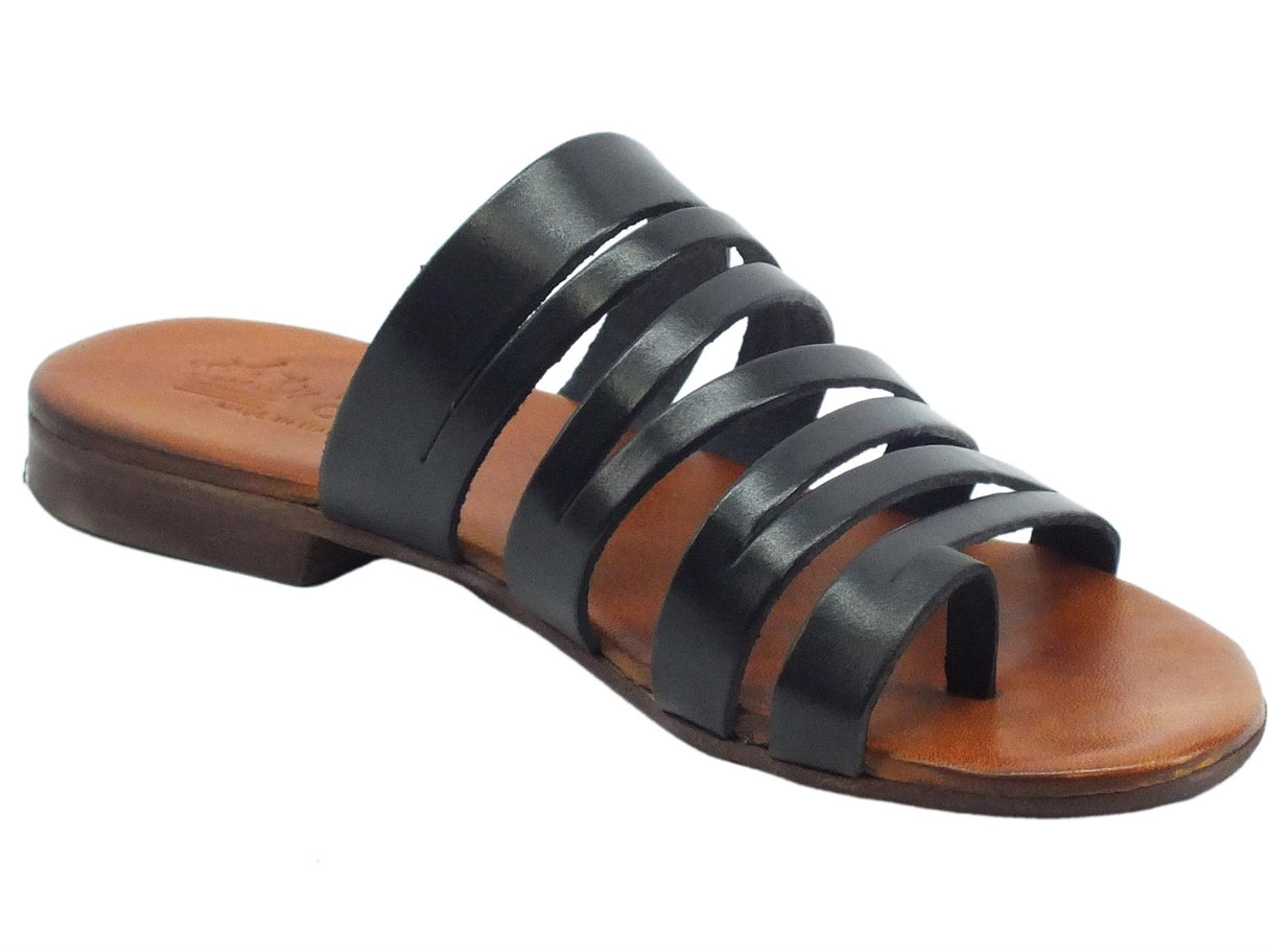 Nuova Cuoieria Nuova Cuoieria Y220-49 Nero Sandali artigianali infra-alluce per donna in pelle tacco basso Nero