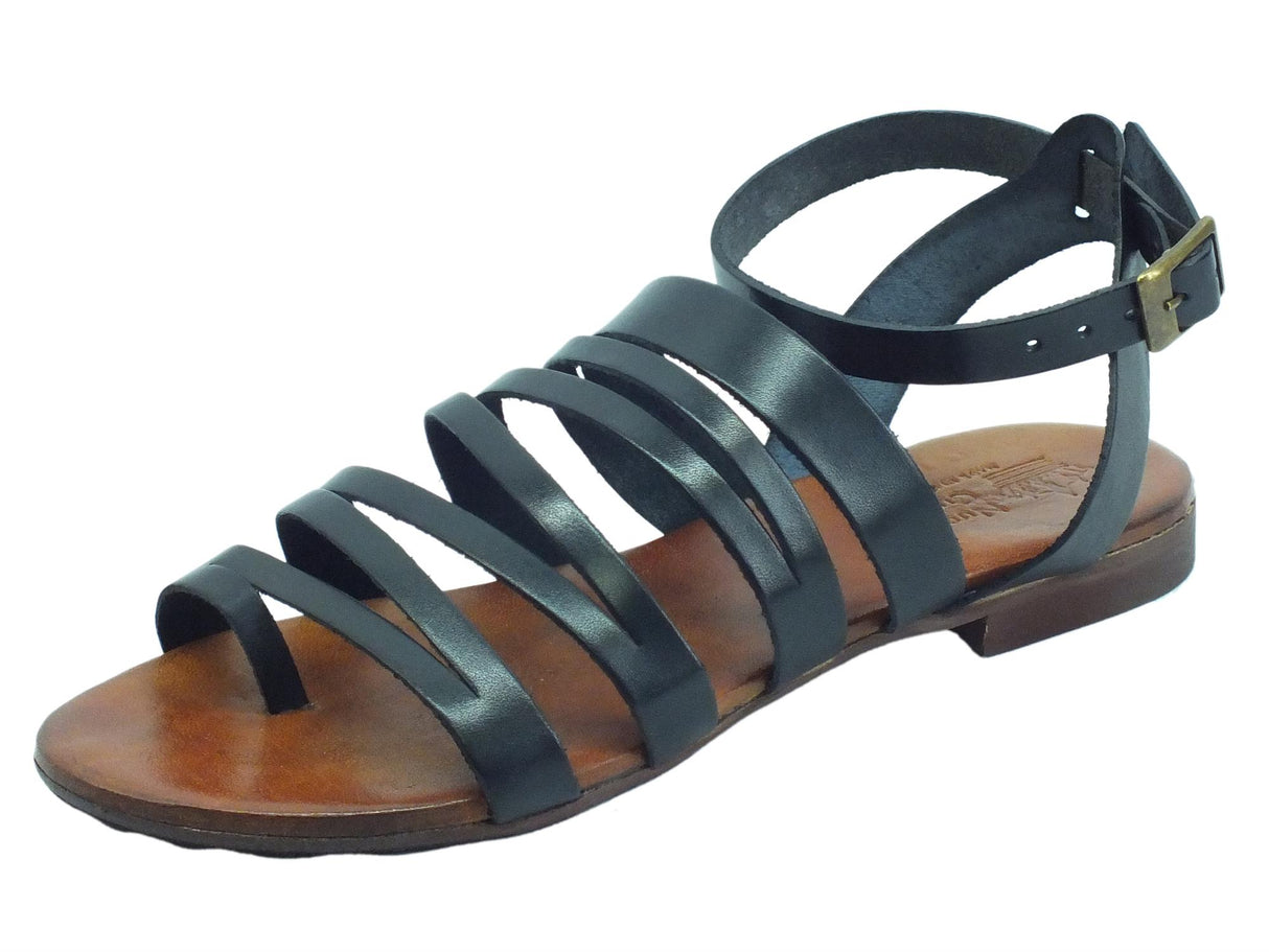 Nuova Cuoieria Nuova Cuoieria Y221-49 Nero Sandali artigianali infra-alluce fibietta per donna pelle tacco basso Nero