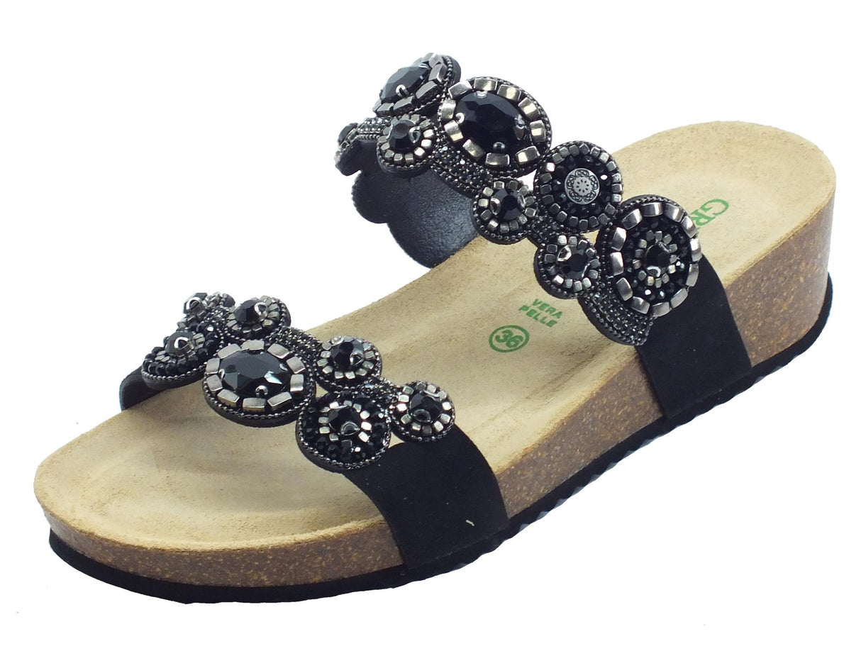 Grunland Grunland ANIN CB2531 Nero Sandali scalsati eleganti Donna con pietre nere argento zeppa bassa Nero