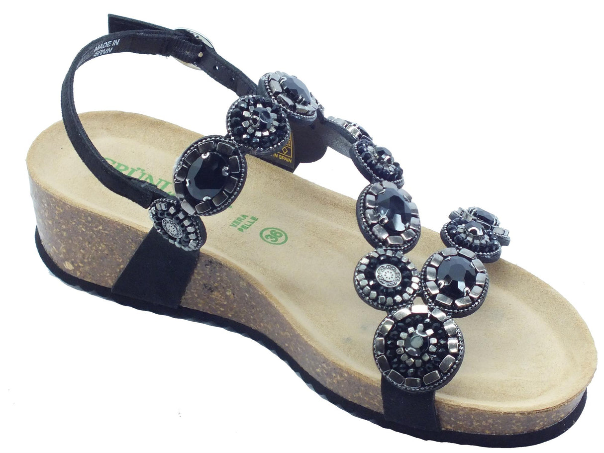 Grunland Grunland ANIN SB1870 Nero Sandali eleganti per Donna pietre nere zirconi argento zeppa bassa Nero
