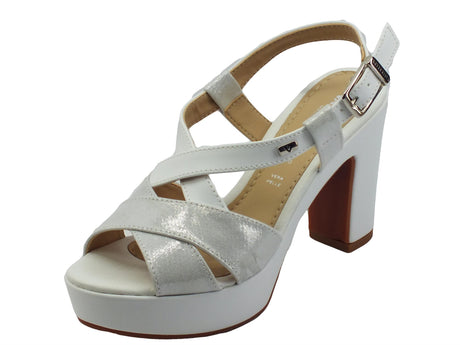 Valleverde Valleverde 32521 White Sandali con tacco alto e plateau per donna in tessuto ed ecopelle White