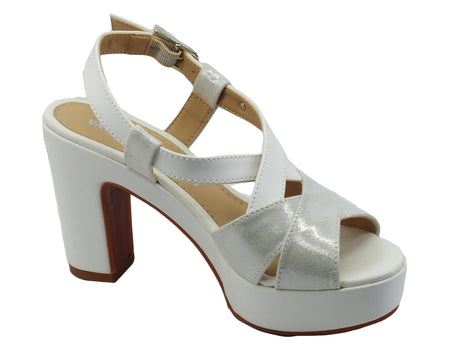 Valleverde Valleverde 32521 White Sandali con tacco alto e plateau per donna in tessuto ed ecopelle White