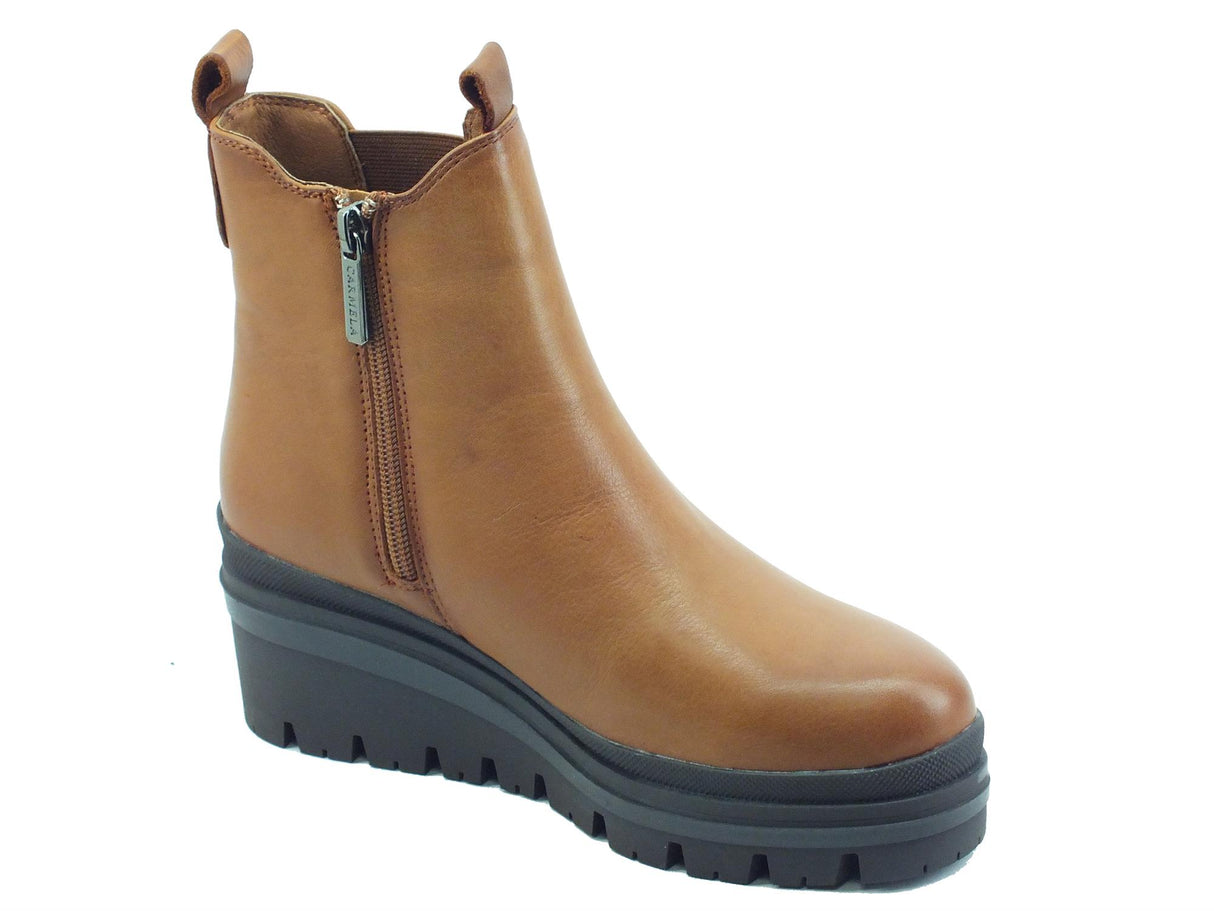Carmela Carmela 160191 BN. Piel Camel Tronchetti per Donna in pelle lampo ed elastico zeppa media Piel Camel