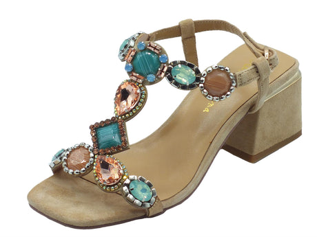 Alma en Pena Alma en Pena V23306 Suede Sand Sandali eleganti Donna brillanti pietre multicolore tacco medio bassa Sand