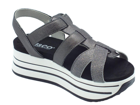 Igi&Co Igi&Co 3678200 Capra Carbone Sandali Donna in pelle e tessuto con allaccio a fibbia e zeppa alta Carbone
