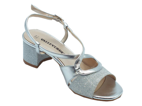 Valleverde Valleverde 28216 Argento Sandali eleganti tacco basso per donna in pelle e tessuto brillantinato Argento
