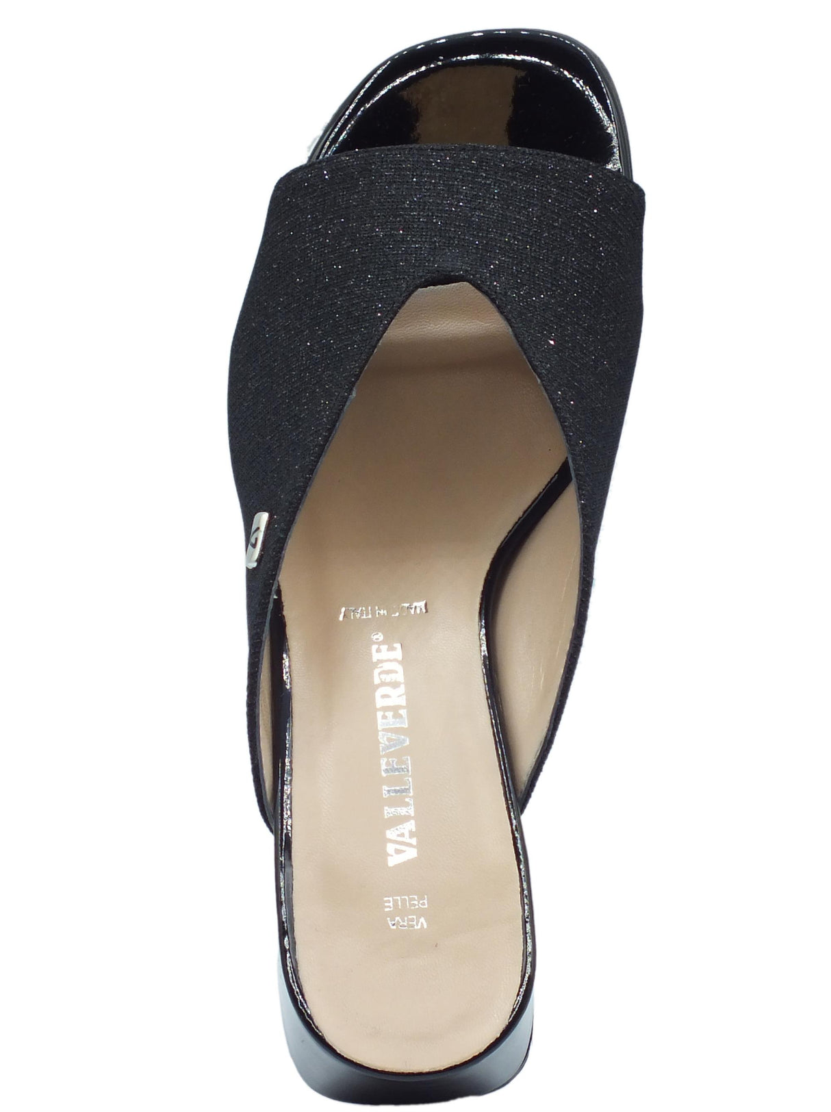 Valleverde Valleverde 28222 Nero Sandali scalsati con tacco per donna in tessuto brillantinato Nero