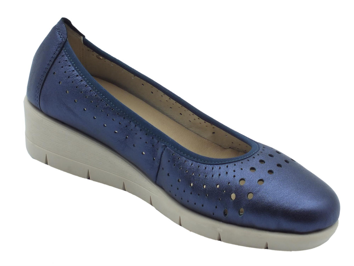 Valleverde Valleverde VS10204 Nappa Blu Ballerine con zeppa per donna in pelle traforata Blu