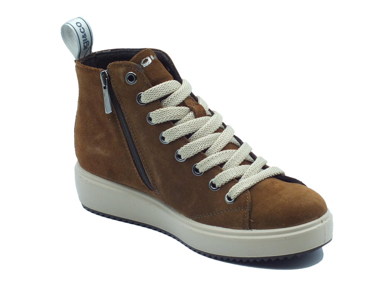 Igi&Co Igi&Co 4667411 Scam Cognac Sneakers con zeppa bassa per Donna in nabuk con lampo e lacci Cognac