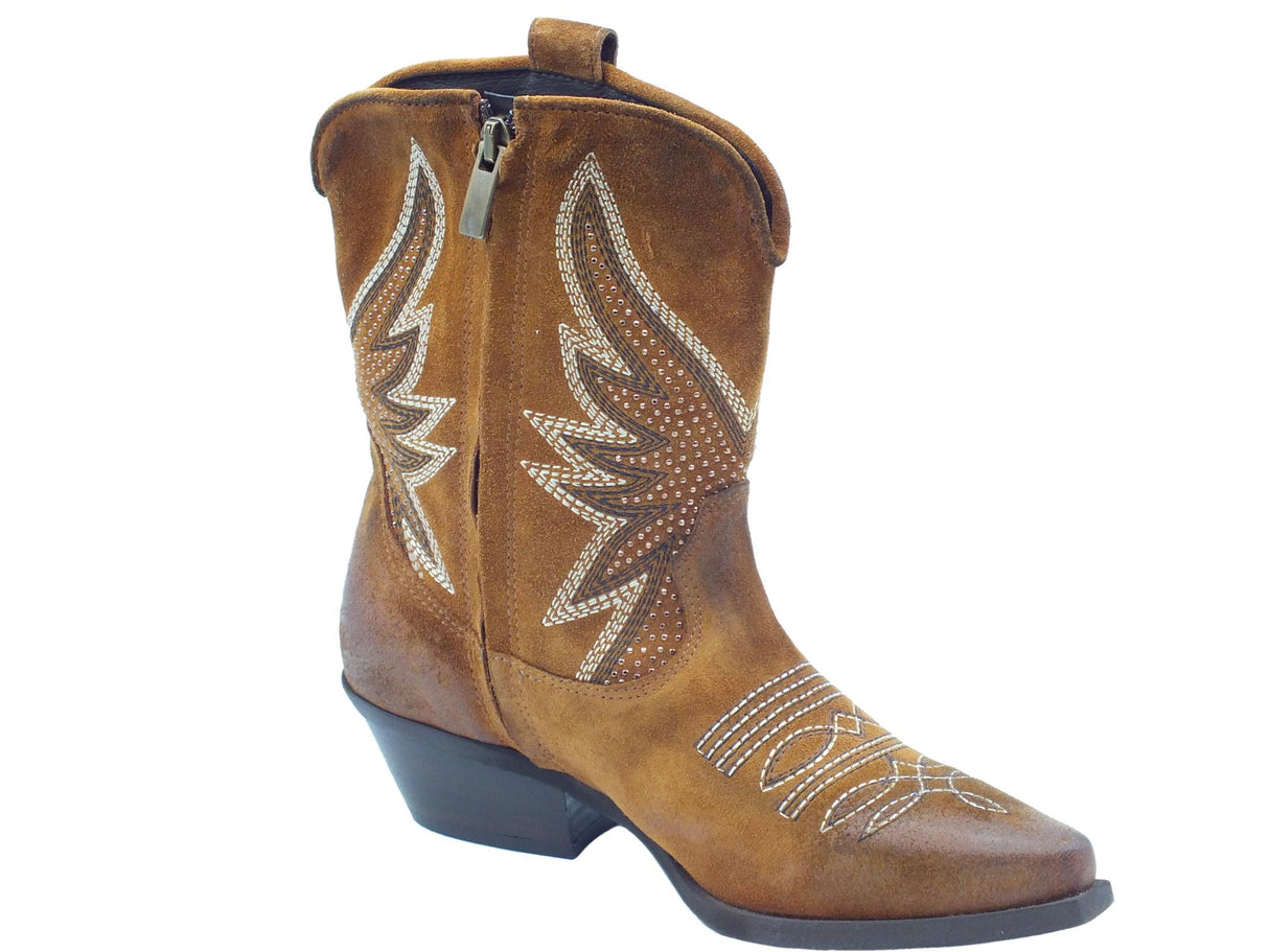 Metisse Metisse DX606 Cuoio Tronchetti Texani per Donna in nabuk ingrassato con ricamo grezzo Cuoio