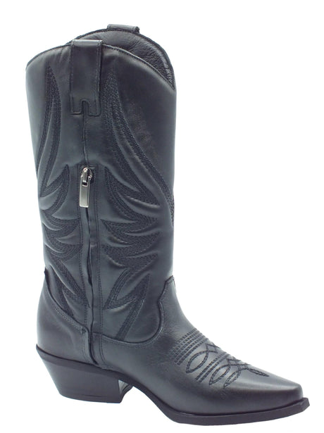 Metisse Metisse DX607 Vitello Nero Sbiancato Stivali Texani per Donna in pelle con ricamo Nero