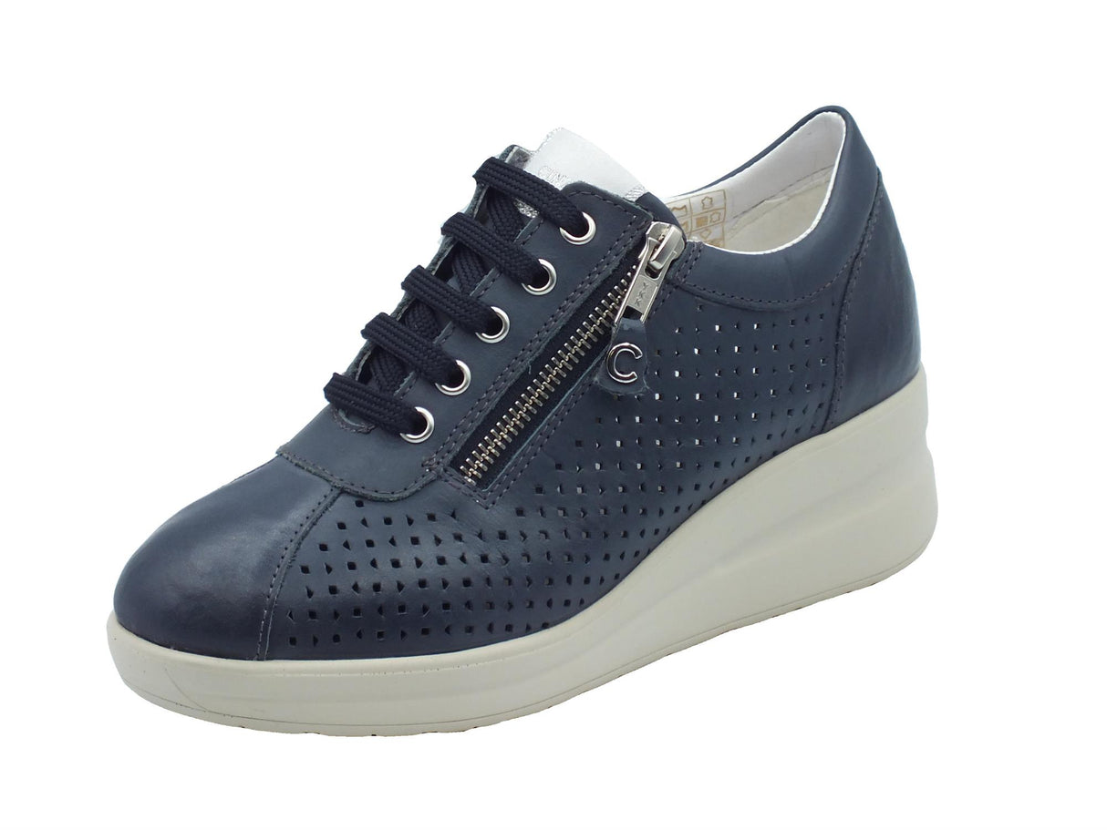 Cinzia Soft Cinzia Soft IV221781 Airone Sneakers Confort per Donna in pelle traforata blu con lacci e lampo Airone