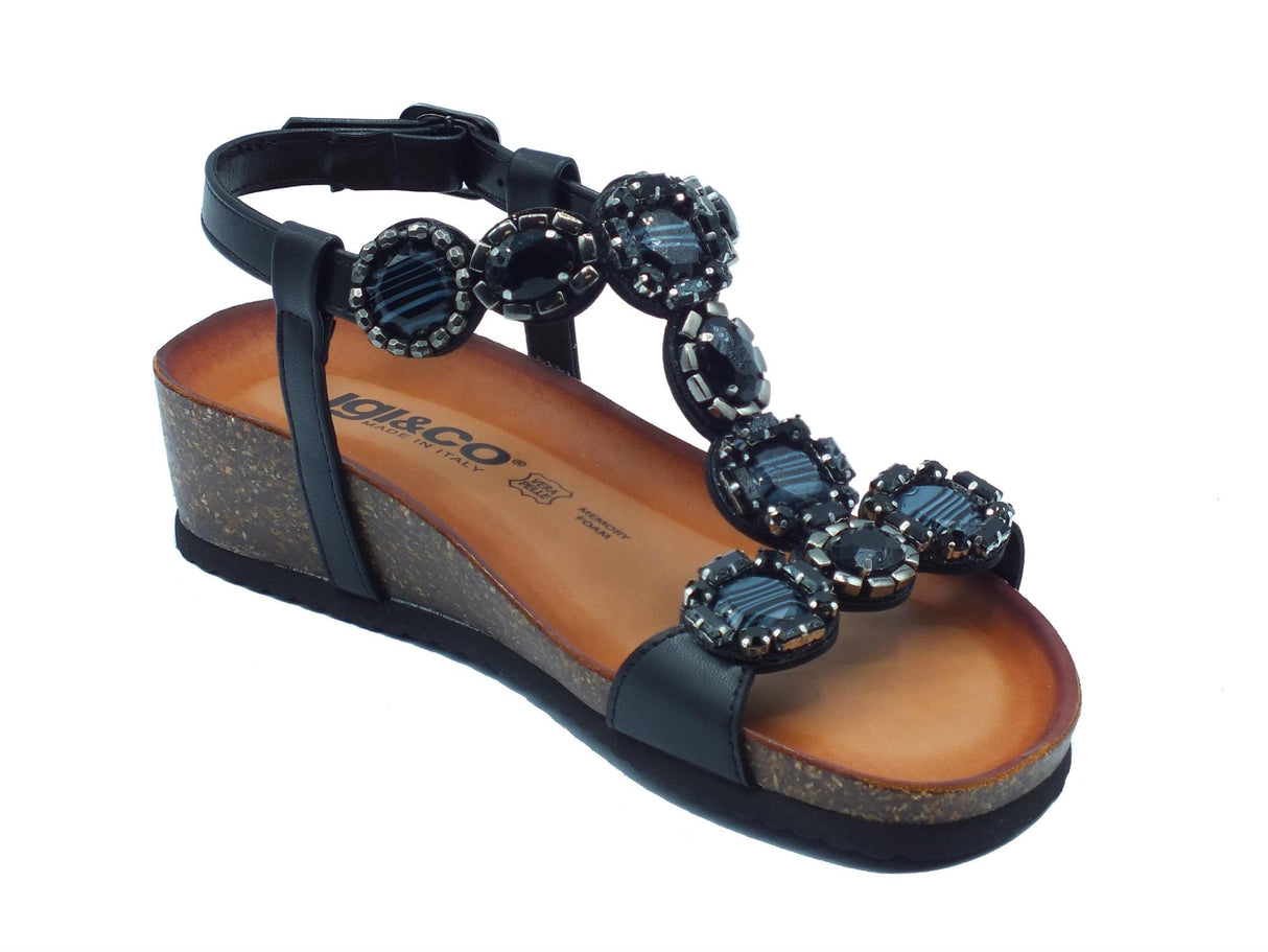 Igi&Co Igi&Co 5698200 Nappa Nero Sandali per Donna in pelle con pietre e zirconi con zeppa bassa Nero