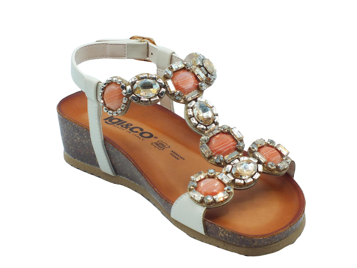 Igi&Co Igi&Co 5698211 Nappa Beige Sandali per Donna in pelle con pietre rosa e zirconi con zeppa bassa Beige