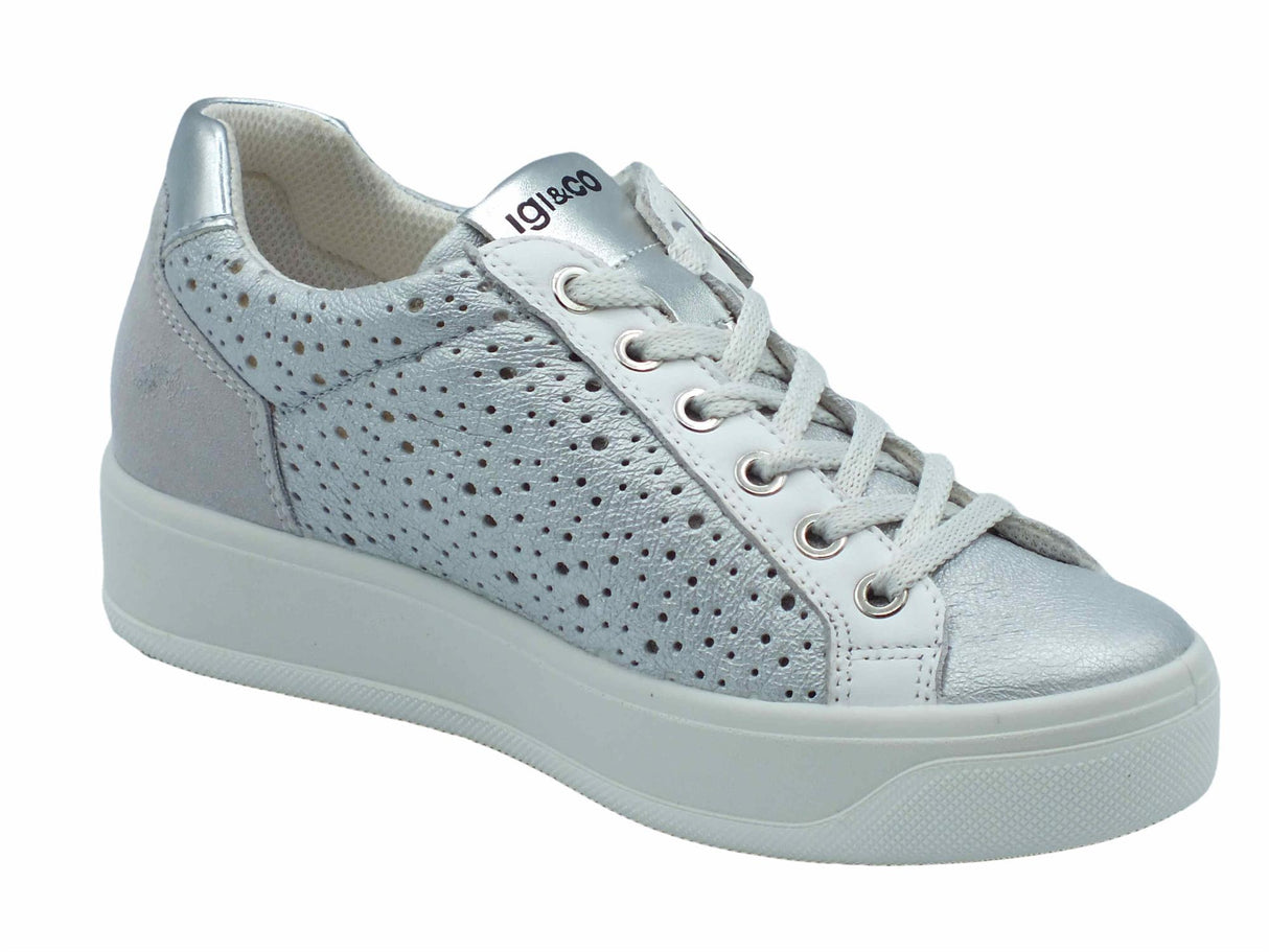 Igi&Co Igi&Co 5658211 Capra Met Wash Argento Sneakers confort per Donna in pelle con lacci e lampo Argento