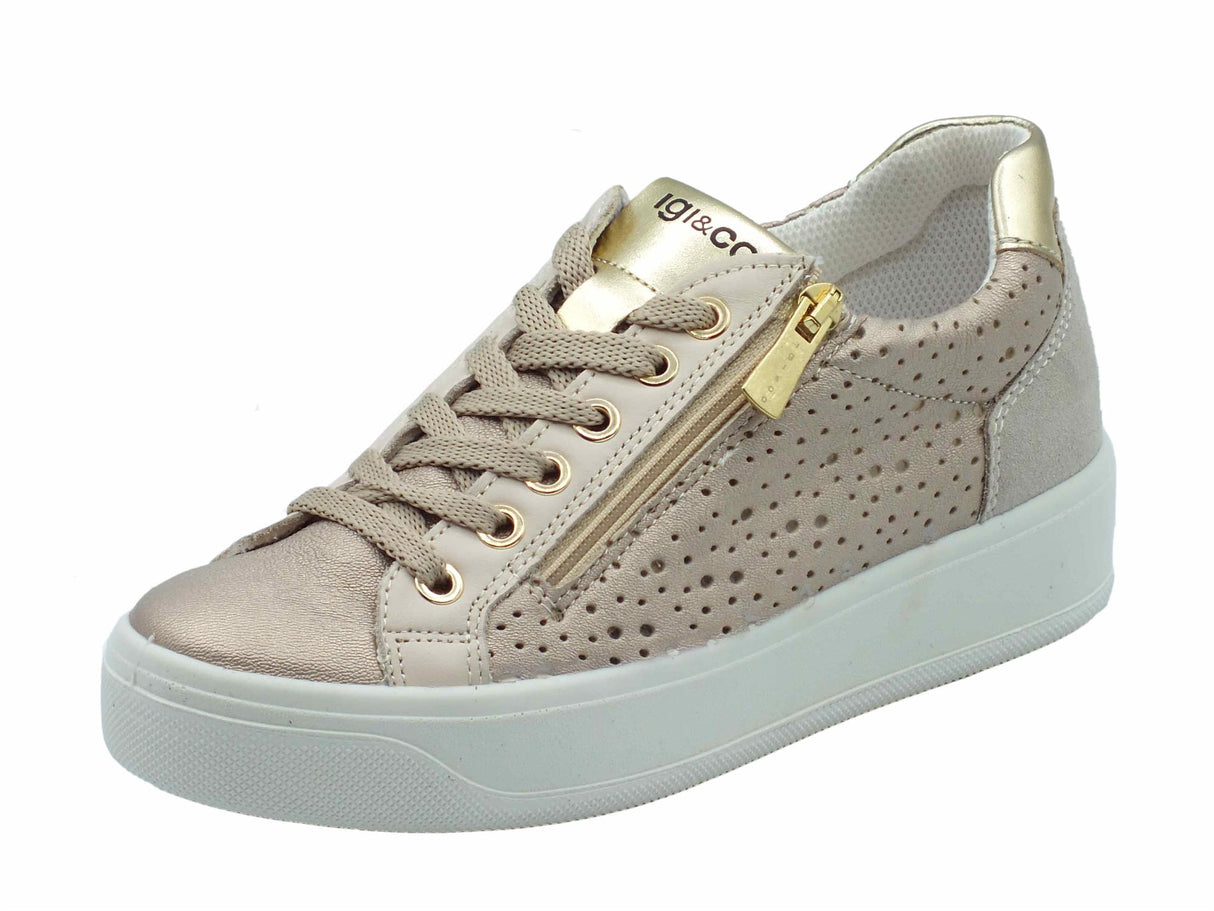 Igi&Co Igi&Co 5658222 Capra Met Wash Champagne Sneakers confort per Donna in pelle con lacci e lampo champagne