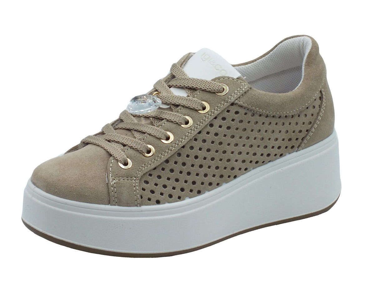 Igi&Co Igi&Co 5659511 Scamosciato Avorio Sneakers sportive per Donna in nabuk traforato con zeppa alta avorio